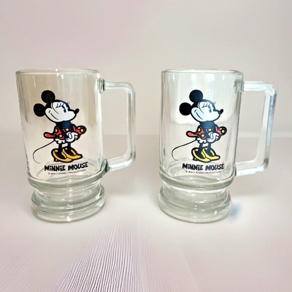 Vintage Walt Disney Minnie Mouse Pedestal Mugs Glasses Clear Handle Set of 2 - Picture 1 of 8